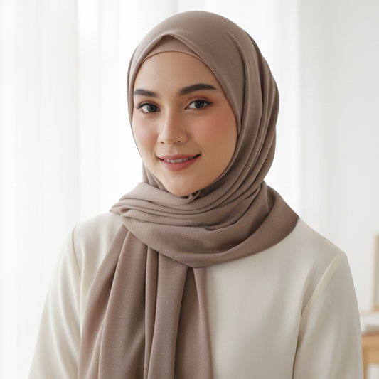 Woman wearing a beige hijab and white viscose hijab top against a light background