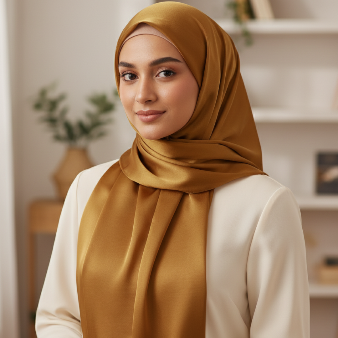 Woman wearing a mustard silk hijab in an indoor setting