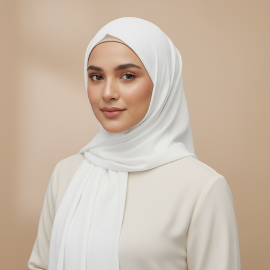 Woman wearing a white linen hijab and beige top against a beige background