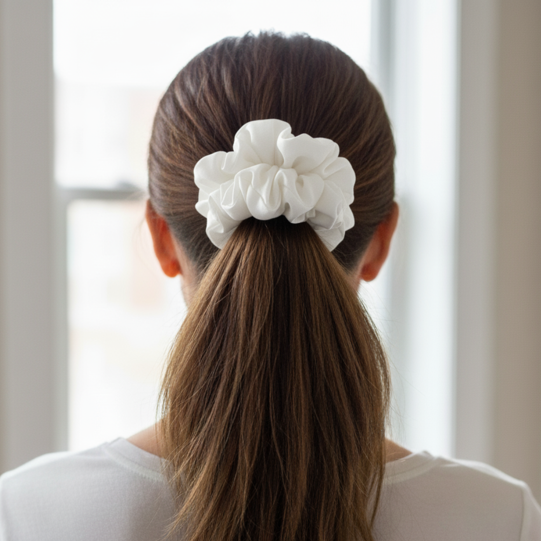 Person with a white scrunchie in their hair, standing in front of a window.