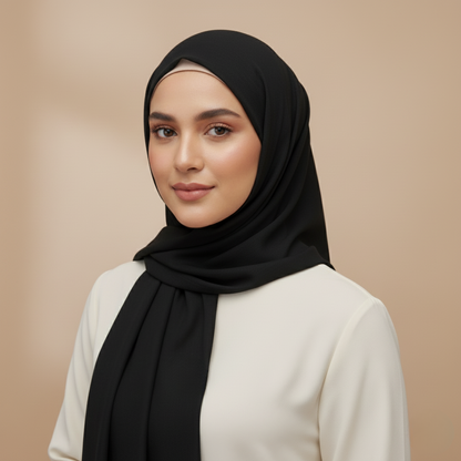 Woman wearing a black linen hijab and beige top against a beige background