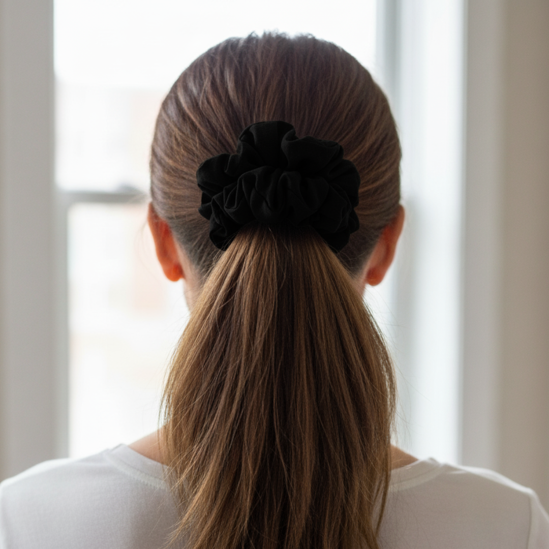 Person with a high ponytail wearing a black scrunchie, standing in front of a window.