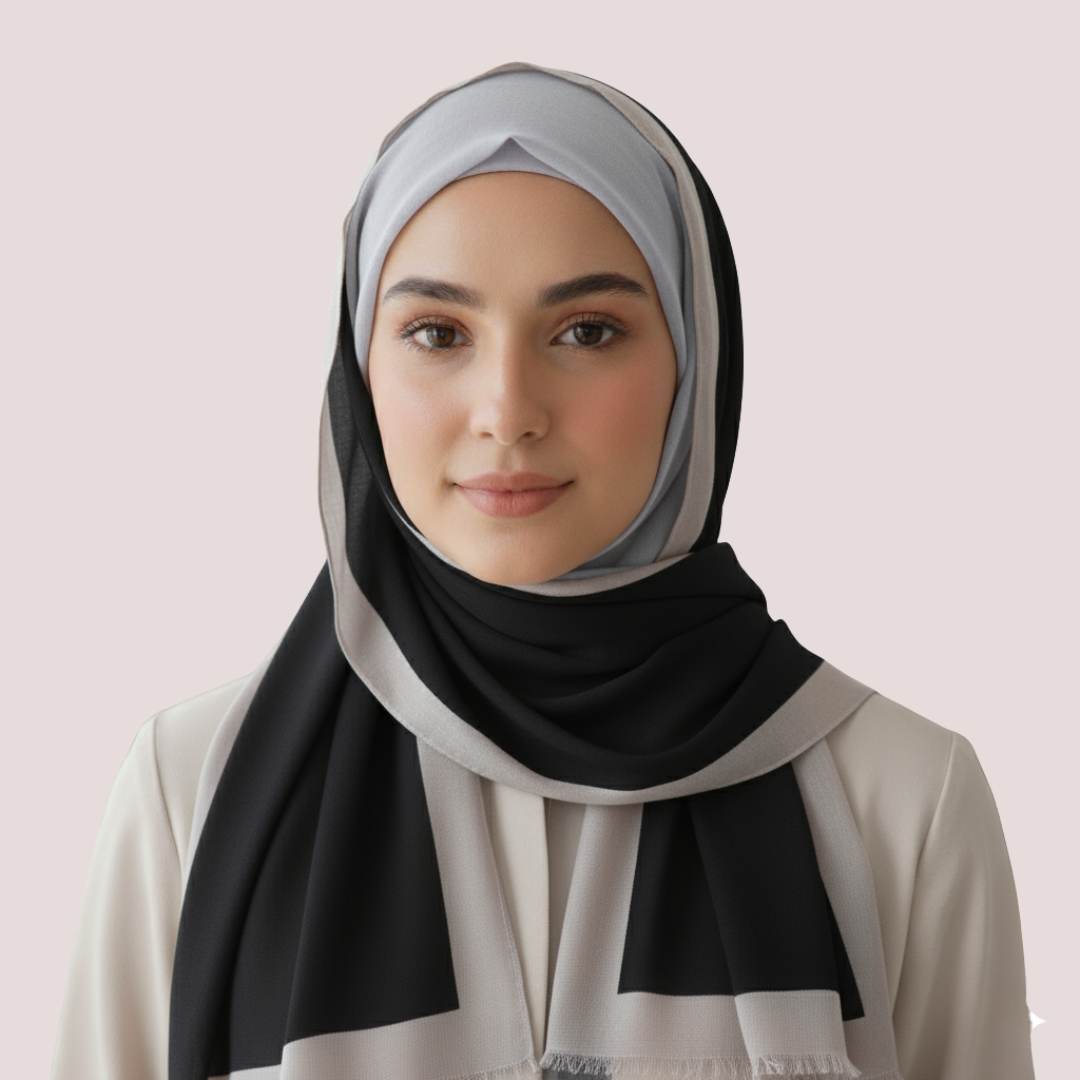 Woman wearing a black, white, and gray hijab on a light pink background