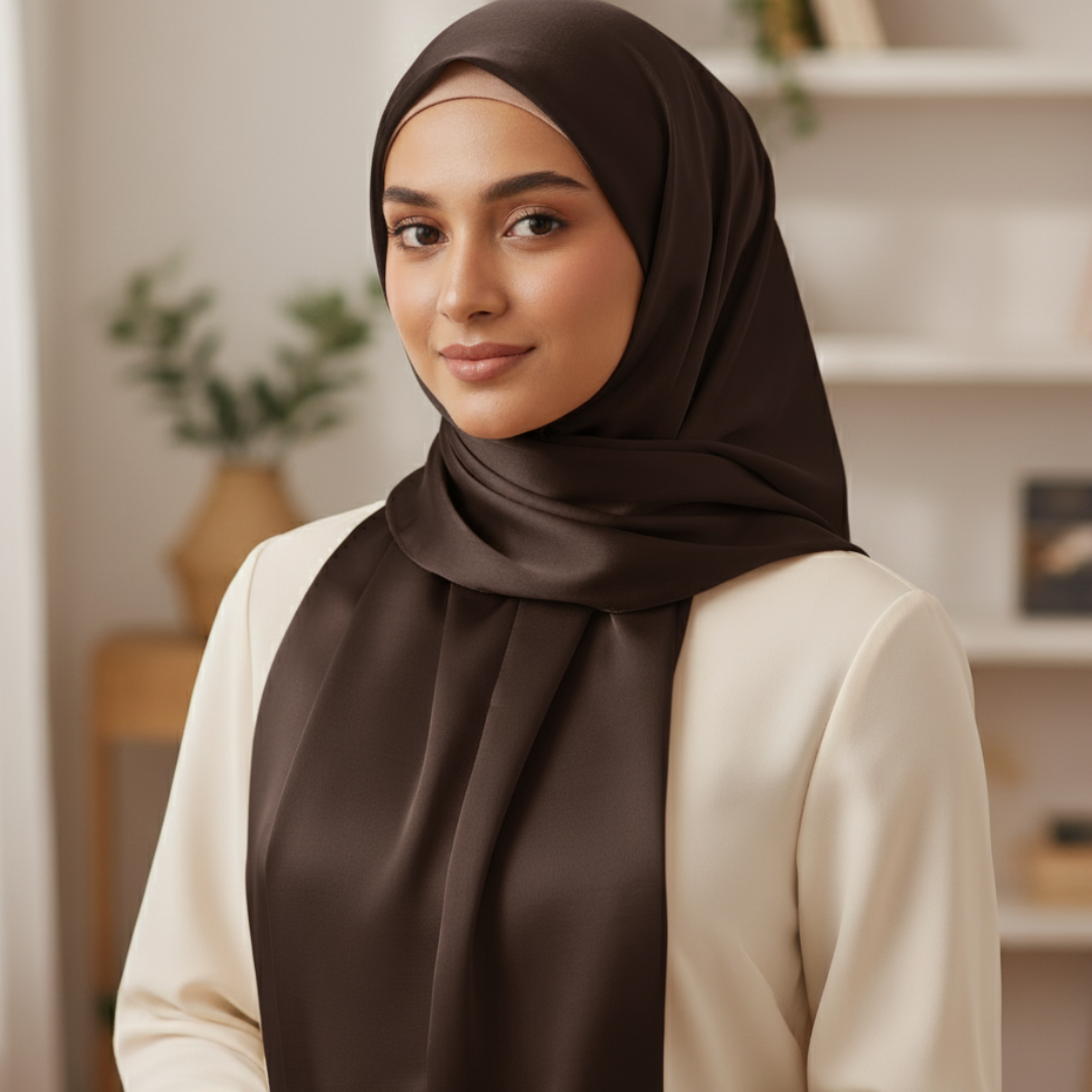 Woman wearing a brown silk hijab and beige top in an indoor setting