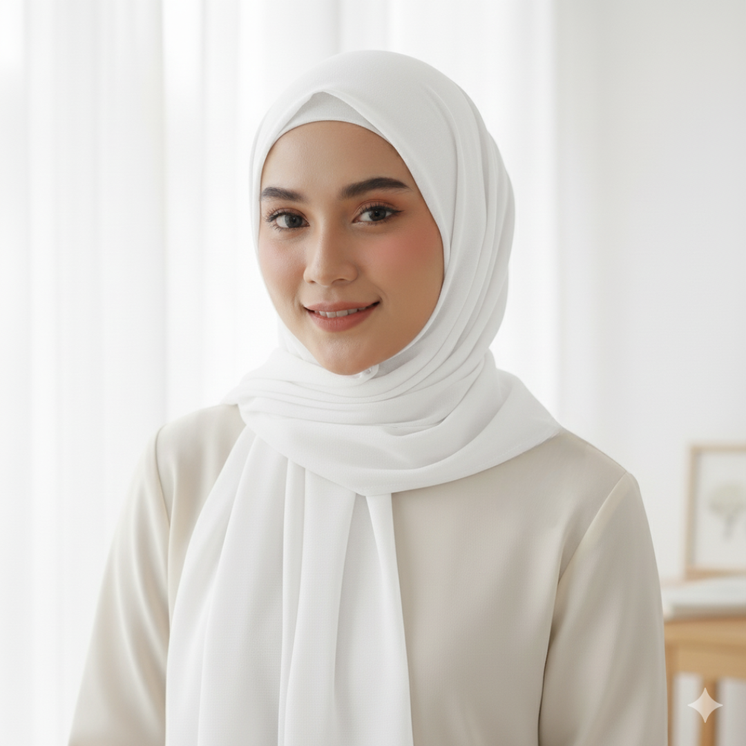 Woman wearing a white hijab and beige viscose hijab top in a softly lit room.