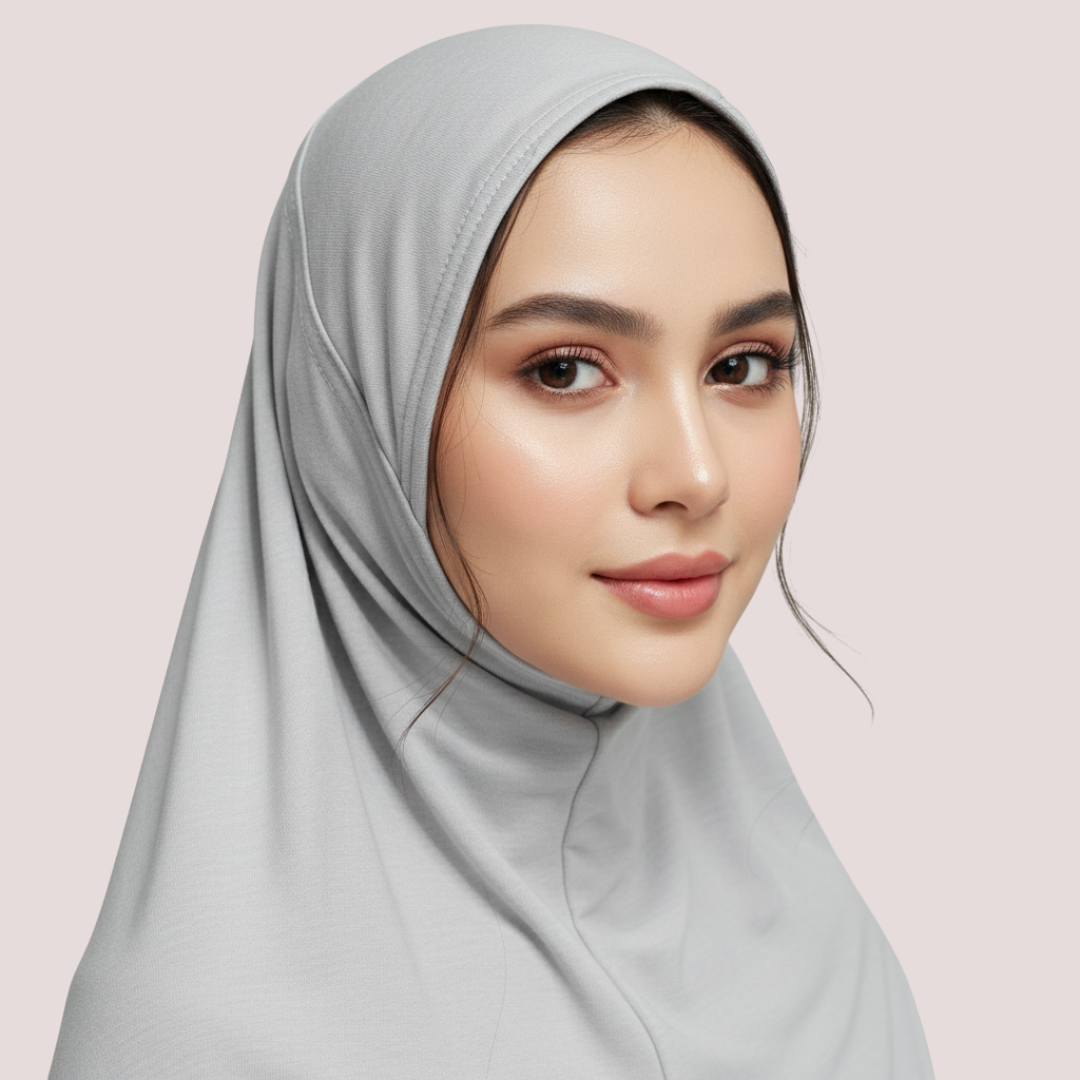 Woman wearing a light gray hijab against a pink background