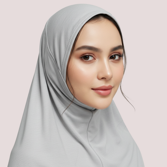 Woman wearing a light gray hijab against a pink background