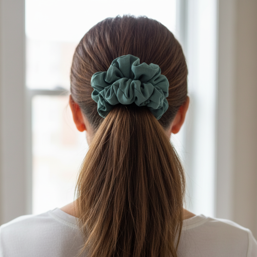 Person with a green scrunchie in their hair, standing in front of a window.