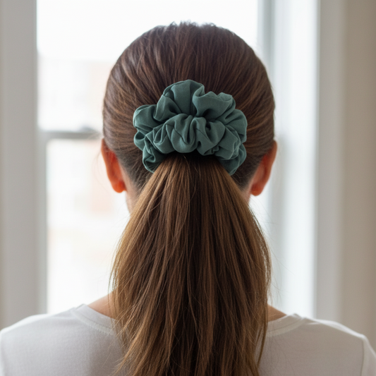 Person with a green scrunchie in their hair, standing in front of a window.