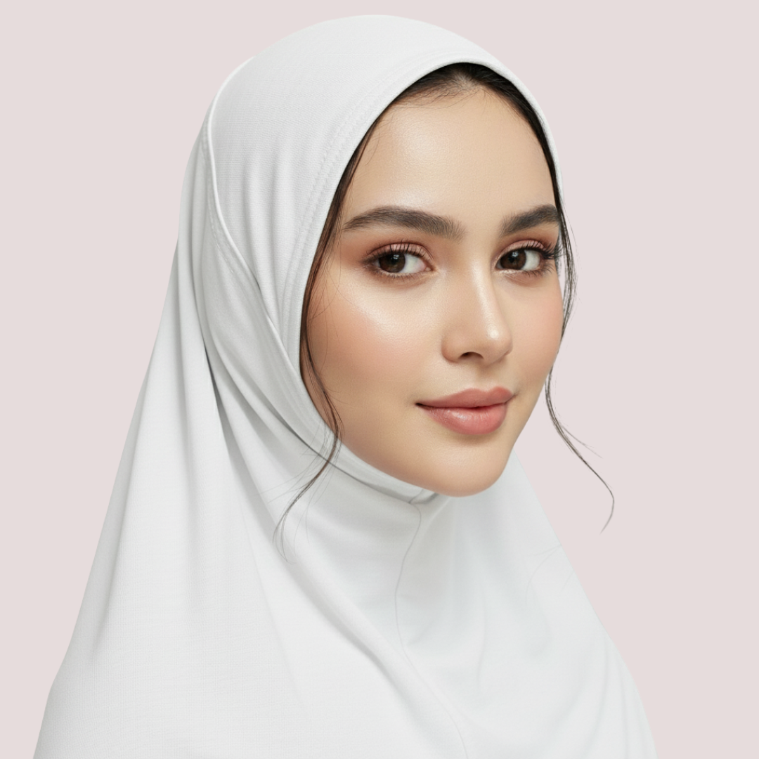 Woman wearing a white hijab against a light pink background