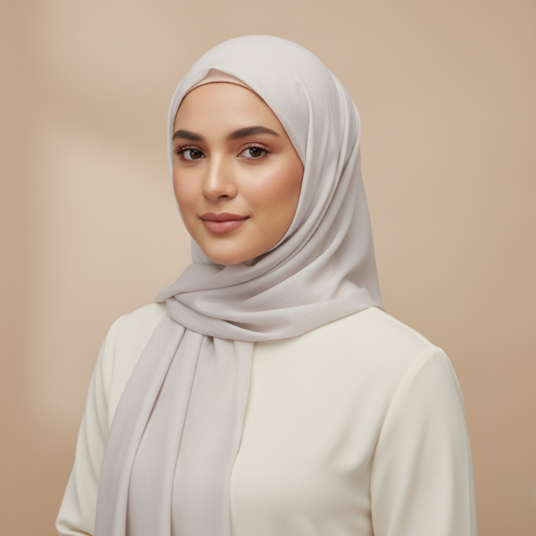 Woman wearing a light gray linen hijab and white top against a beige background