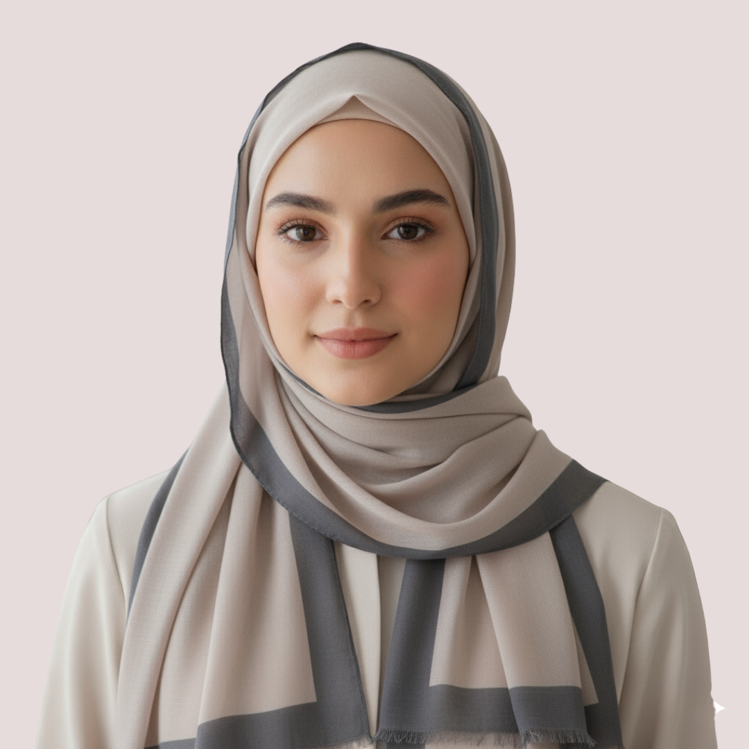 Woman wearing a beige and gray hijab against a light pink background