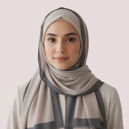 Woman wearing a beige and gray hijab against a light pink background