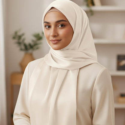 Woman wearing a beige silk hijab and blouse in an indoor setting