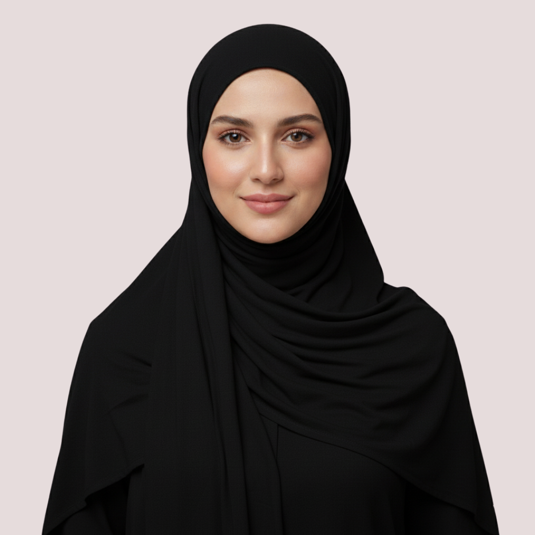 Woman wearing a black hijab against a light pink background