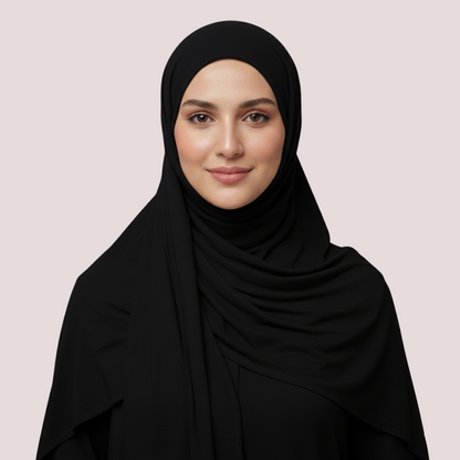 Woman wearing a black hijab against a light pink background