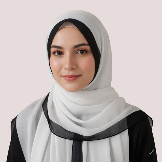 Woman wearing a white hijab with black trim on a light pink background
