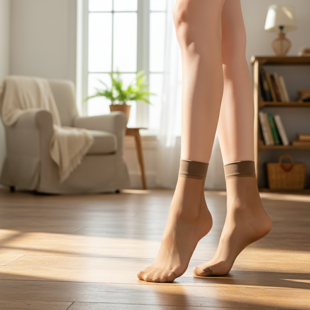 Person wearing sheer socks in a bright living room.