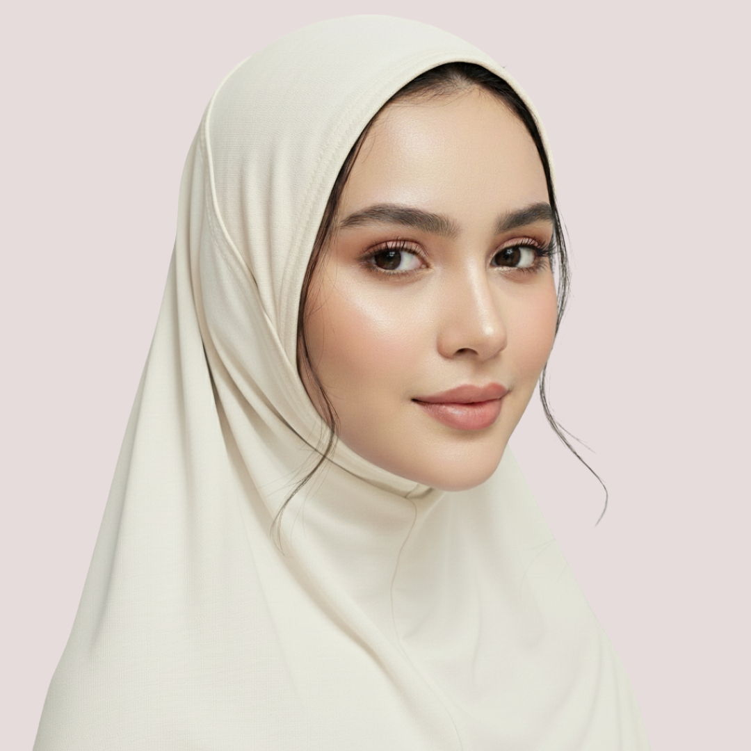 Woman wearing a beige hijab against a light pink background