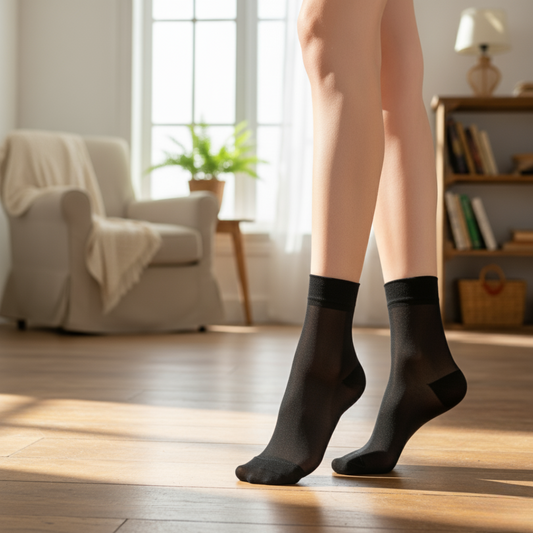 Person wearing black socks standing on a wooden floor in a bright living room.